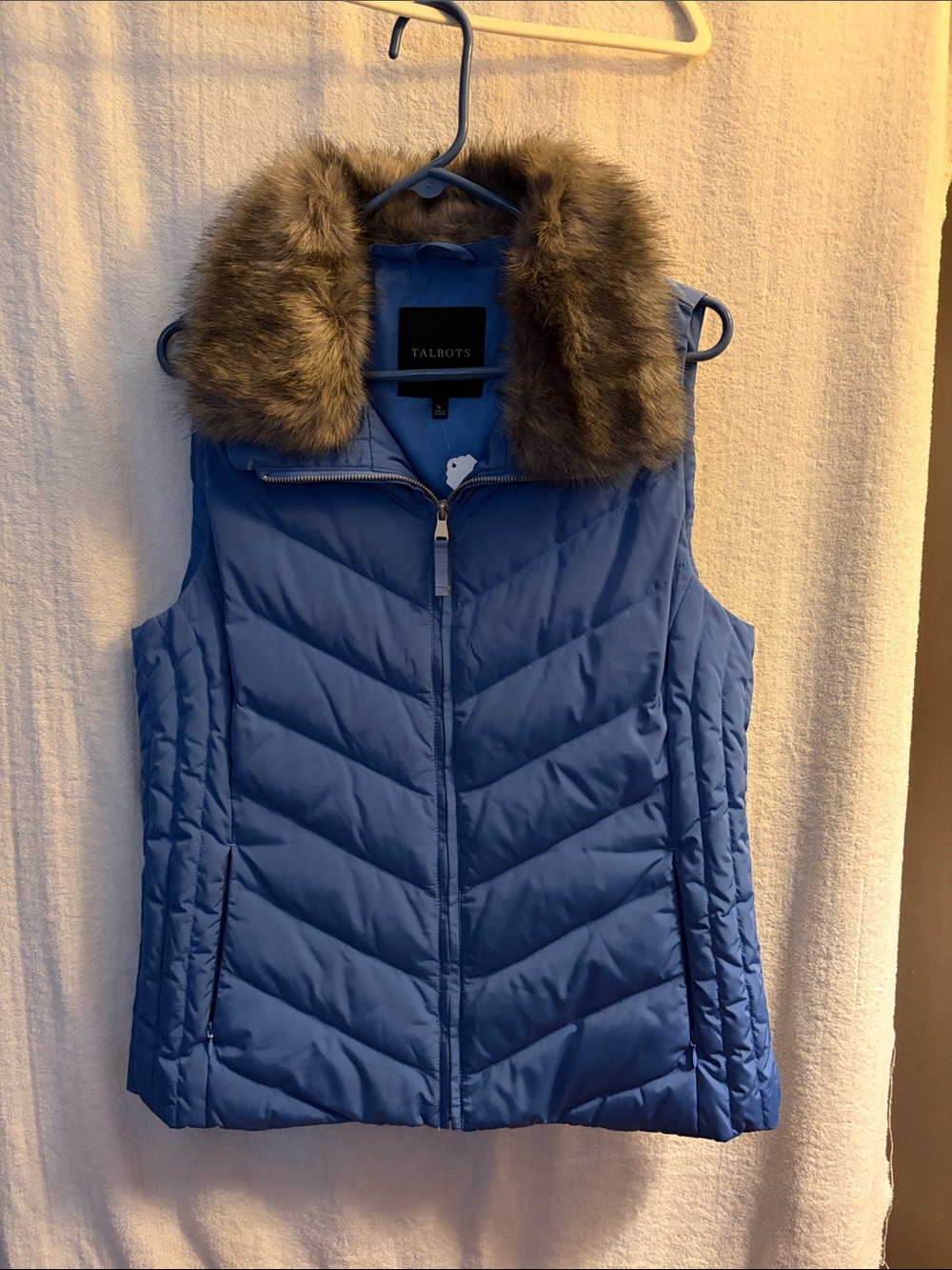 Talbots Royal Blue Quilted Puffer Vest with removable Faux Fur Trim